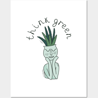 Ceramic flowerpot character with closed eyes and houseplant Posters and Art